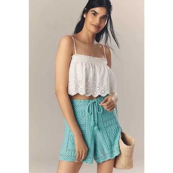 Farm Rio Crochet Tie Knit Shorts Drawstring Waist Women's Size L Turquoise - Picture 4 of 4